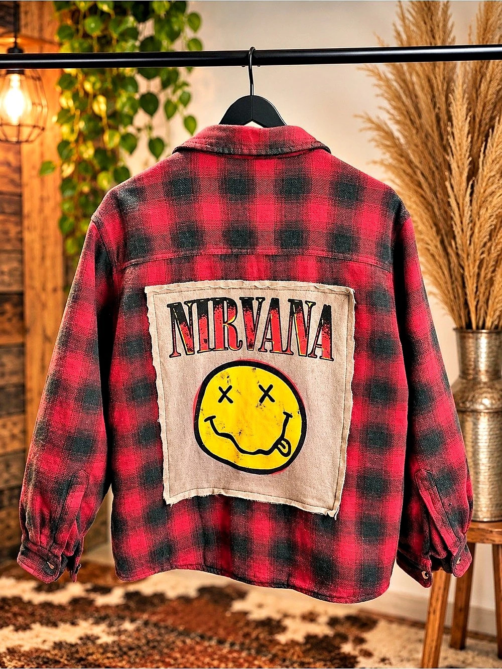 Handmade Up-cycle thick red flannel Shacket with Nirvana Graphic